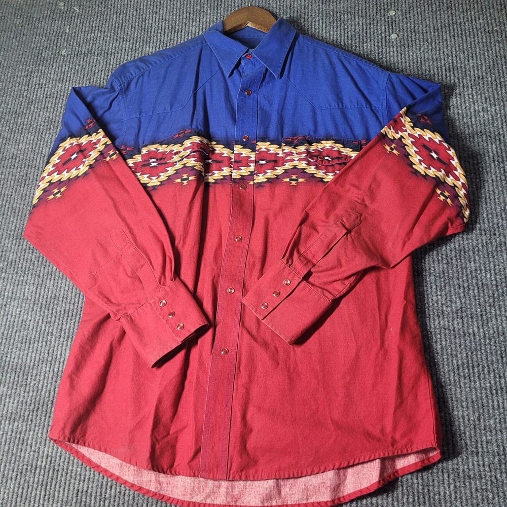 Vintage Wrangler Shirt Mens‎ Large Red Pearl Snap Aztec Western Cowboy